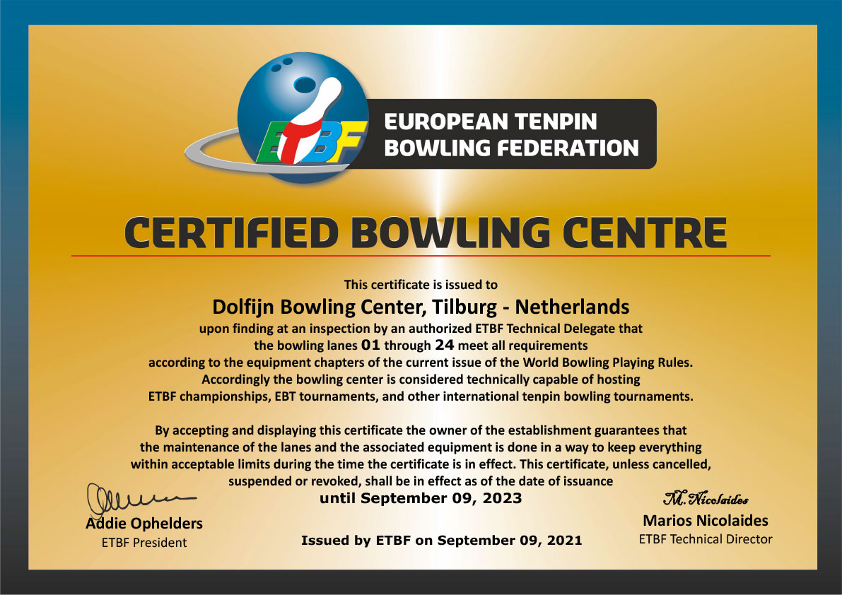 certificate approved center Dolfijn Bowling Tilburg Neatherlands